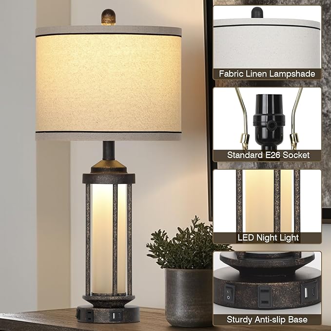 27" Industrial Farmhouse Table Lamp, Vintage Rustic Beside Lamp with USB A+C Charging Ports & AC Outlet, Modern Single Table Lamp with Frosted Glass Night Light for Bedrooms Nightstand Bronze - Bloomnest