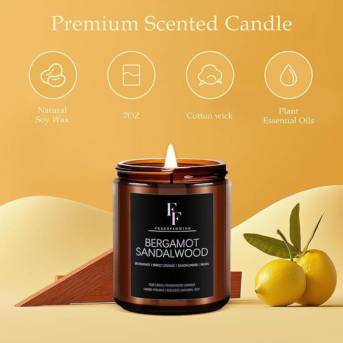 Bergamot Sandalwood Candle, Scented Candle for Home Soy Wax Candle, Aromatherapy Candle Gift for Women Men, 7oz - Bloomnest
