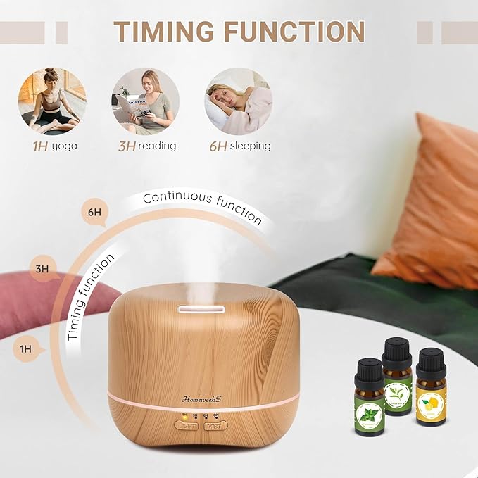 Homeweeks 300ml Essential Oil Diffuser, Quiet Aromatherapy Mist Diffusers for Essential Oils, Wood Grain, Ultrasonic, Remote Control, Timer, 7 Colors Light for Bedroom (300ml Yellow Wood Grain) - Bloomnest