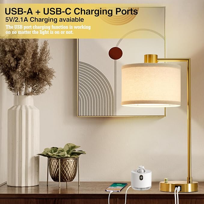 Luvkczc Table Lamp for Bedroom Set of 2 with USB C+A Ports, Fully Stepless Dimmable Bedside Lamp with Linen Lampshade, Nightstand Lamp for Living Room Reading Office, 2 LED Bulbs Included (Gold) - Bloomnest