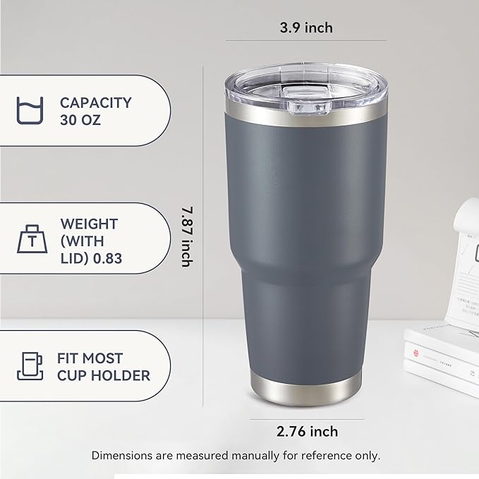 30 oz Tumbler with Lid Stainless Steel Tumblers Vacuum Insulated Cup Reusable Powder Coated Travel Mug Double Wall Leak Proof Portable Cups Keep Cold Drinks for 12 Hours, Gray, 1 Pack - Bloomnest