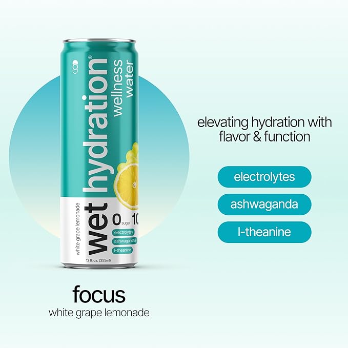 Wet Hydration Wellness Water | Electrolyte Drink with Ashwagandha & L-Theanine – White Grape Lemonade (12oz Cans, Pack of 12) | Zero Sugar, 10 Calories, Zero Bubbles, Functional Hydration - Bloomnest