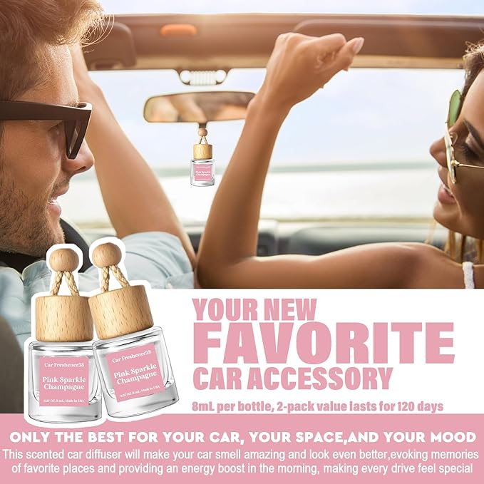 HoogaLife Car Air Freshener Diffuser 2 Pack Hanging Air Freshener Diffuser - Pink Sparkle Champagne Fragrance Oil Air Diffuse r for Car, 45+ Days Long Lasting Fragrance Made in USA (P38) - Bloomnest