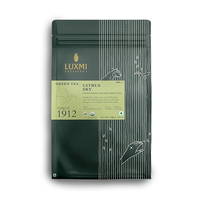 Luxmi Estates Citrus Sky Lemongrass Ginger Green Tea 200g Loose Leaf Pack | Certified Organic Darjeeling Green Tea | Citrus Flavor & Aroma | Natural Lemon Balm Tea - Calming, Supports Digestion | Lemon Grass Leaves | 100 Cups - Bloomnest