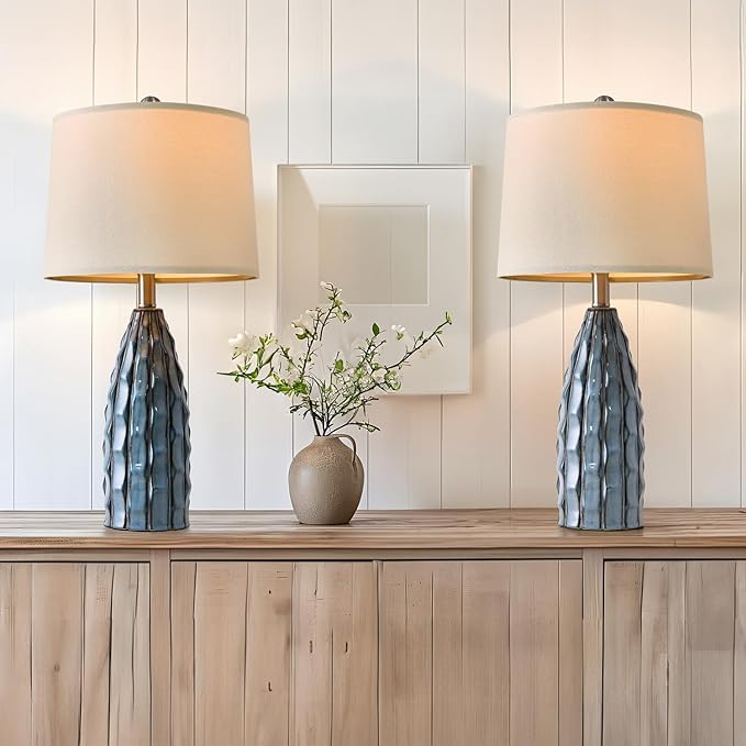 Ceramic Table Lamps Set of 2, 23.75" Modern Farmhouse Bedside Lamp - Blue Nightstand Lamps for Bedroom, Boho Living Room End Tables, Small Office Desk Lamp Decor - Bloomnest