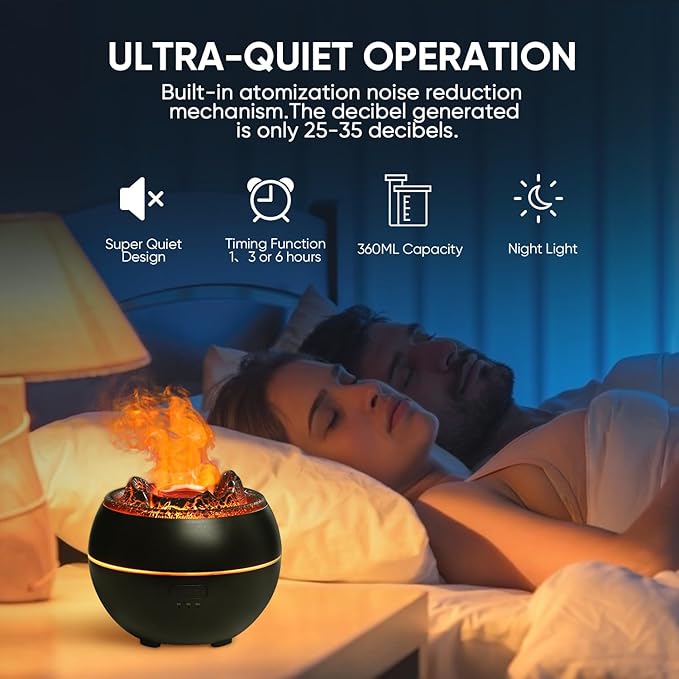 Essential Oil Diffuser, Volcano Fire Flame Aromatherapy Diffuser, 360ml Ultrasonic Cool Mist Humidifier, Scent Aroma Diffuser with 7 Colors Light, Timer & Auto Shut-Off for Home, Room (Black) - Bloomnest