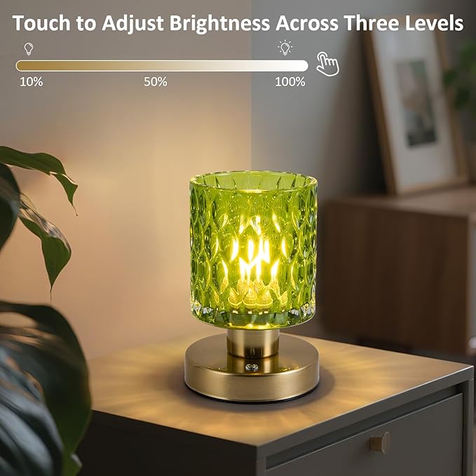 Battery Powered Lamp with Timer, Aesthetic Glass Cordless Lamps, Dimmable Rechargeable Lamp with Remote Control, Small Touch lamp for Nightstand Bedside Bedroom Living Room (Jade Green) - Bloomnest