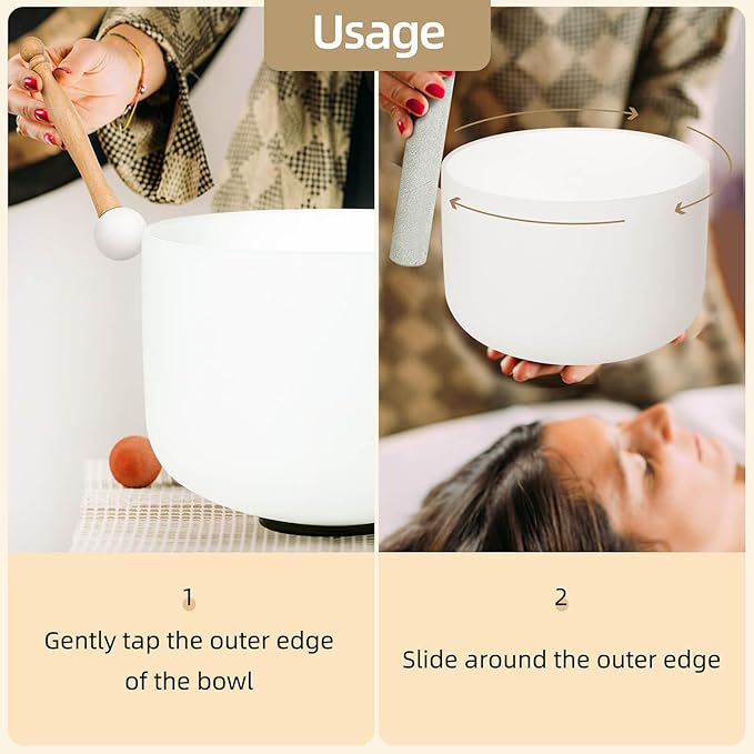 White 8 inch B Note Crown Chakra Quartz Crystal Singing Bowl, for Healing Mindfulness Meditation Yoga Sound Baths, with Case Rubber Mallet - Bloomnest