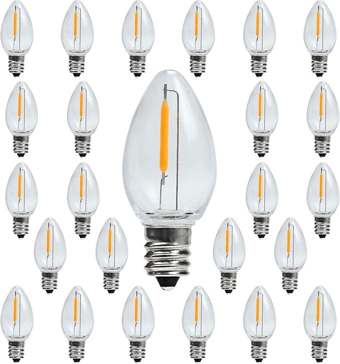 C7 E12 LED Night Light Bulbs, C7 Replacement LED Light Bulbs, Window Candles & Salt Lamp Bulbs, E12 Chandelier Base, 0.6W Equivalent to 7W, Warm White 2200K, Clear Plastic, 25 Pack - Bloomnest