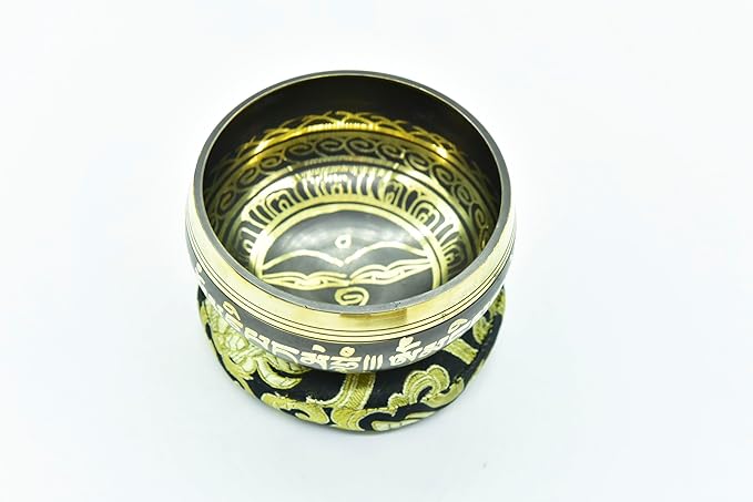 3.75" Tibetan Meditation Yoga Singing Bowl Green Set with free Wooden Mallet and Silk Cushion from Nepal, Singing bowls. (Black) - Bloomnest