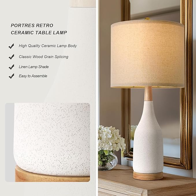 PORTRES 27" Ceramic Table Lamps for Bedroom Living Room Vintage Lamp Set of 2 Bedside Nightstand Lamp Large Farmhouse Rustic Boho Retro Modern Table Lamp Light Home Office Desk Deco Gifts, White - Bloomnest