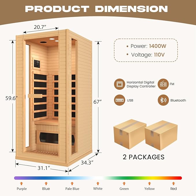 1 Person Infrared Sauna, Full Spectrum Roomy Sauna for Home, Indoor Dry Sauna with Rapid Heating 4 Carbon Panels&1 Carbon Tube, Bluetooth and 7 Color Therapy Lights, 110V BNEHSDirect