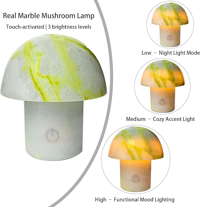 Arctic Green Gemstone Mushroom Lamp - Natural Luxury Stone Night Light with LED, Touch Control 3 Brightness, USB Rechargeable Bedside Decor Gift - Bloomnest