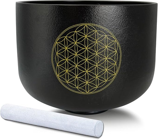12" C Note Life of Flower Black Crystal Singing Bowl Base Root Chakra Quartz Singing Bowl Meditation Sound Healing with Suede Striker O-ring - Bloomnest