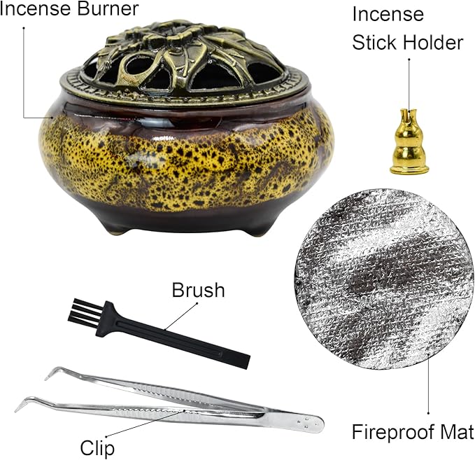 MrMrKura Ceramic Incense Burner with Lid, Incense Holder for Sticks Incense Cone Holder with Brass Incense Stick Holder for Yoga Meditation Home Decor (Fambe Yellow) - Bloomnest