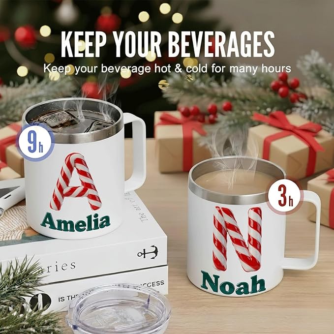 Personalized Christmas Insulated Coffee Mug with Handle – Custom Candy Cane Double Wall Stainless Steel Travel Tumbler for Drinks – Unique Holiday Gift for Men, Women, & Kids (B112) - Bloomnest