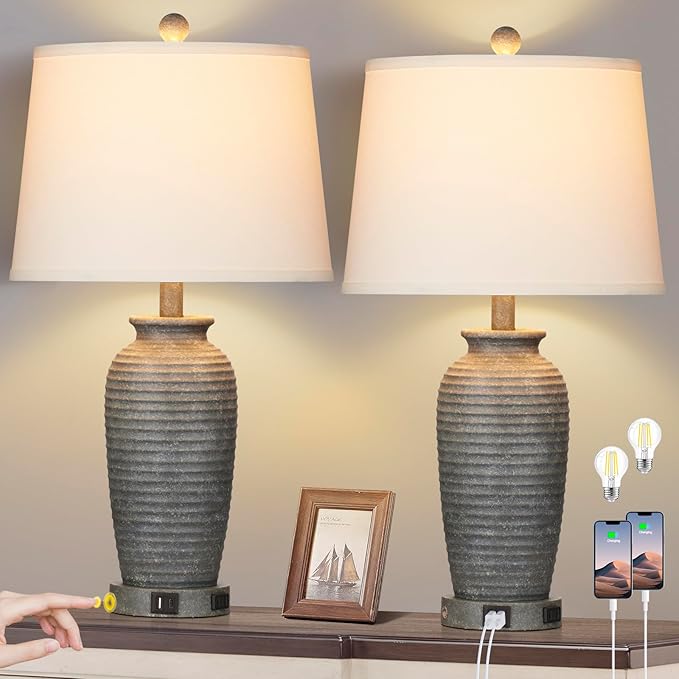 25" Farmhouse Jar Table Lamps Set of 2, 3 Way Touch Control Rustic Bedside Lamps with USB A+C Ports & AC Outlet, Pot Nightstand Lamps for Bedroom Living Room (LED Bulbs Included) - Bloomnest