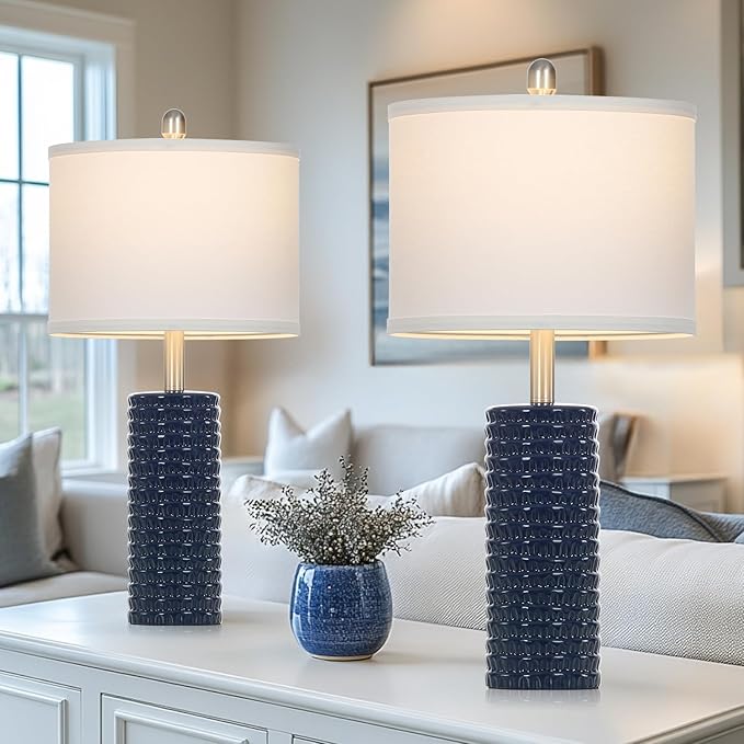 24.5" Modern Ceramic Table Lamp Set of 2 for Living Room Blue Desk Lamps for Bedroom Farmhouse Bedside Nightstand Bedside Lamp End Table Lamps Blue - Bloomnest