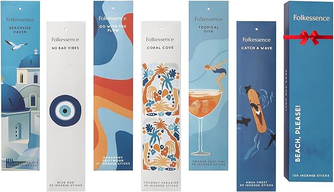 Folkulture Incense Sticks | Set of 6 Insenses (120 Sticks) with 45 Mins Burn Time | Orange Zest, Blue Oud, Aqua Crest, Coconut Paradise | Organic Mediterranean Fig Inscents, Non-Toxic Inscents-Sticks - Bloomnest