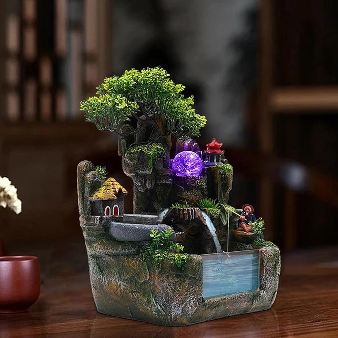 Indoor Water Fountain Desktop Waterfall Bonsai Tabletop Fountains with Color LED Light Atomizing Humidifier with Rockery Stream Plants for Home Office Bedroom (C) - Bloomnest