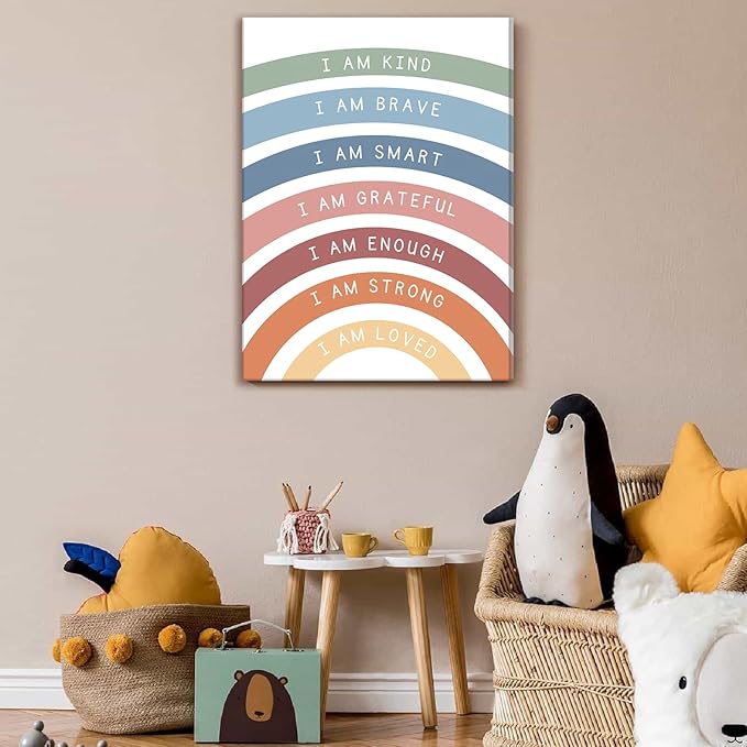 Framed Inspirational Canvas Art Wall Decor, Positive Quotations Picture Prints, Modern Boho Daily Affirmations Wall Art, Cute Rainbow Room Decor for Nursery Classroom Bedroom – 12x16in - Bloomnest