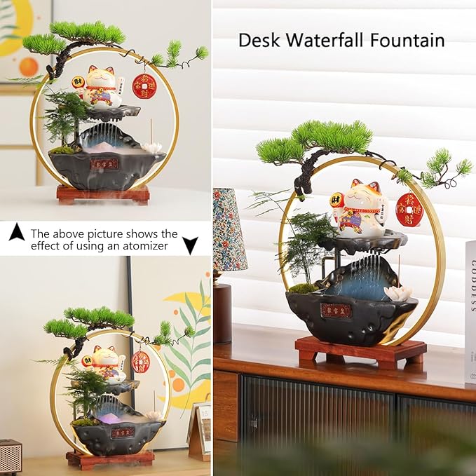 Desk Waterfall Fountain Indoor with Chinese Ceramic Lucky Cat Waving Arm Figurine,Tabletop Mini Water Fountain Decoration with Mist，Adjustable LED Light Ring and Backflow Incense Burner Holder - Bloomnest