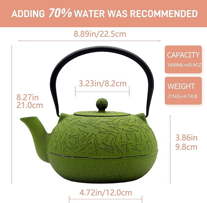 YJX 60.9oz Large Cast Iron Teapot, Big Tea Kettle for Stovetop Safe, Green Cast Iron Kettle Teapot with Stainless Steel Infuser for Loose Tea and Tea Bags(1800ml) - Bloomnest