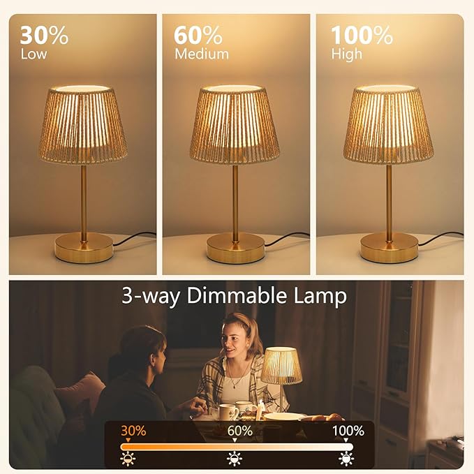 ONEWISH Touch Bedside Table Lamps Set of 2, 14.2" Boho Lamp 3 Way Dimmable, Rope lamp for Bedroom Nightstand Farmhouse, LED Bulb Included(Gold) - Bloomnest