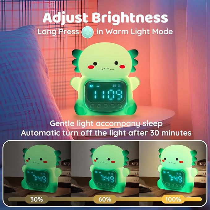 Axolotl Alarm Clock with Night Light for Kids, Rechargeable Silicone Lamp Time to Wake Clock Cute Animal Tabletop Lamp, Perfect Sleep Companion for Boys Girls, Green - Bloomnest