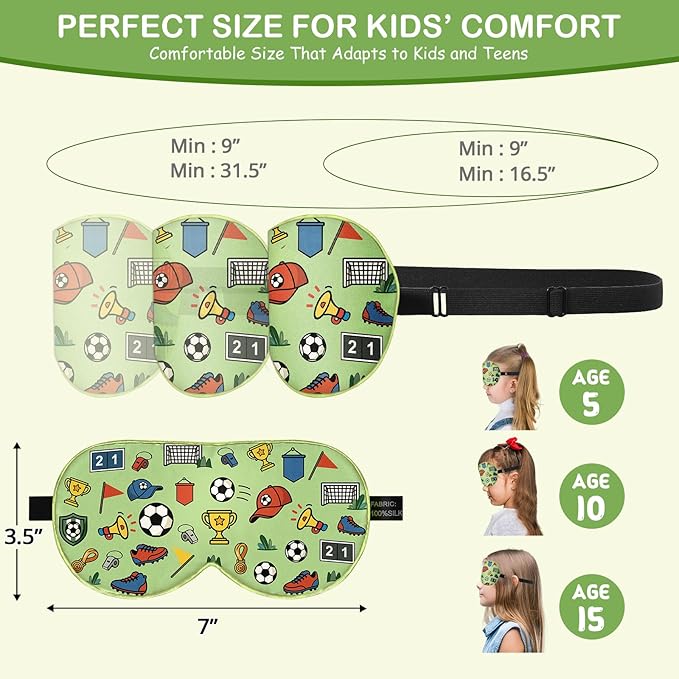 Kids Silk Sleep Mask: 100% Mulberry Silk Eye Mask with Adjustable Strap, Cute Sleeping Blindfold for Boys Girls Teens, Soft & Lightweight Eye Shade for Travel, Nap, Bedtime (Soccer Cute Print) - Bloomnest