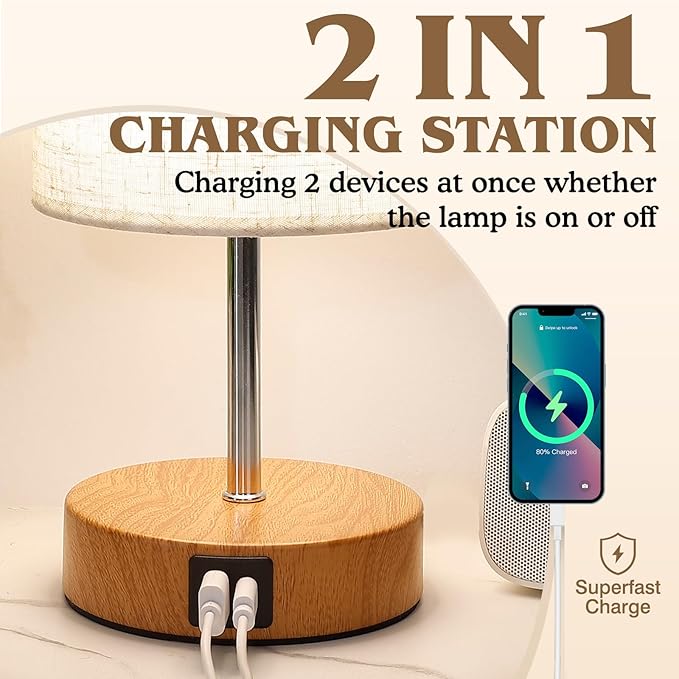 Bedside Table Lamp for Bedroom - 4 Way Dimmable Touch With USB and Type-C Charge Port, Small Wood Base Round Flaxen Fabric Shade for Living Room (Yellow Color Base) - Bloomnest