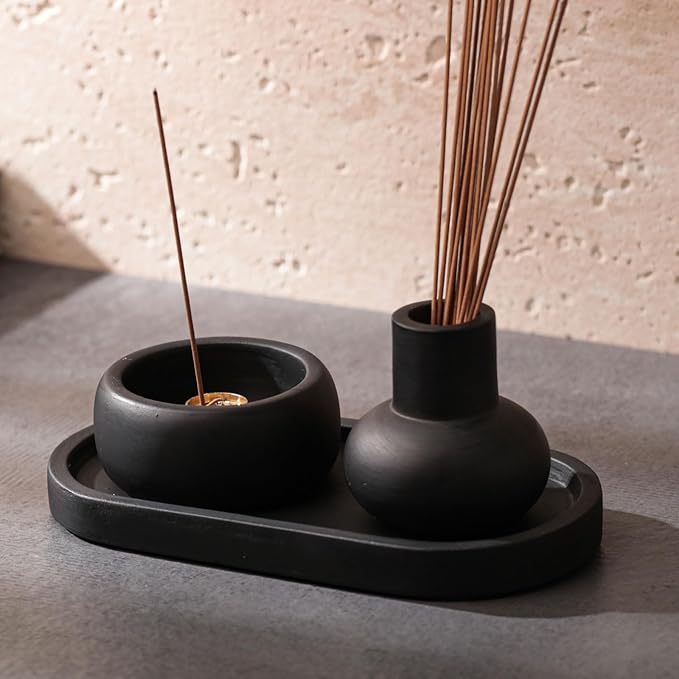 Concrete Incense Burner Set with Holder and Tray,Multifunction Incense Holder for Burning Sage,Palo Santo,Incense Sticks,Ideal for Meditation Home Decor(Black) - Bloomnest