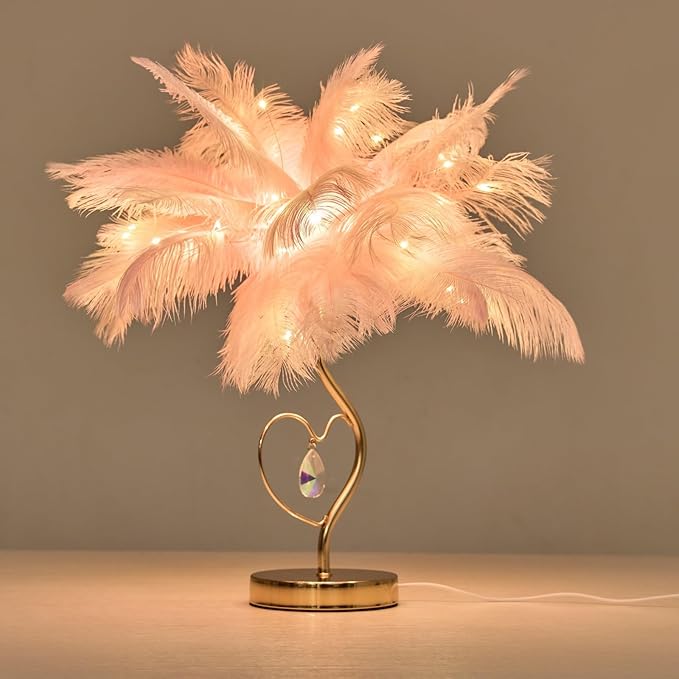 Pink Ostrich Feather Lamp Creative Furry Bedside Lamp Romantic Feather Table Lamp Fluffy Nightstand Light for Girl Bedroom Wedding Decor Valentines Dating Livingroom Hotel Office Christmas - Bloomnest