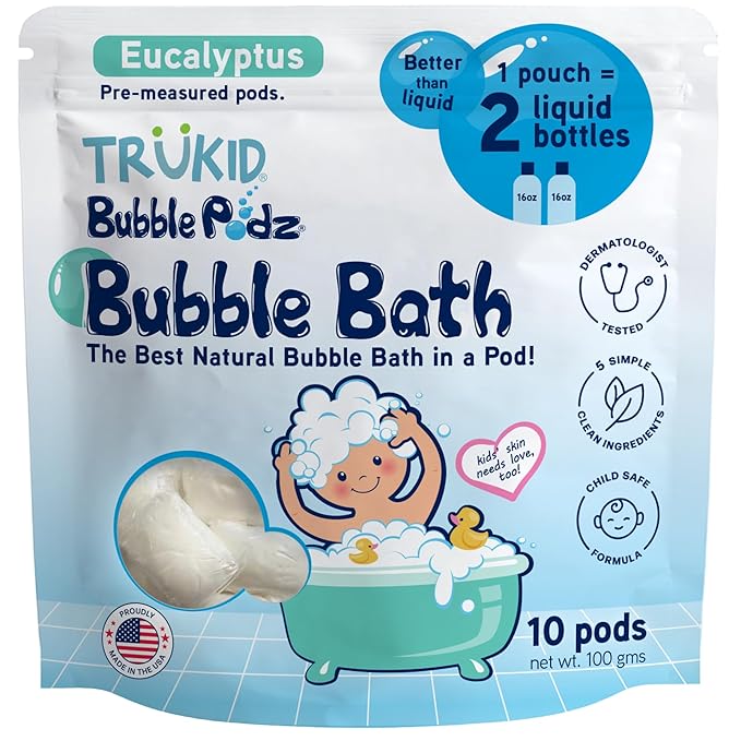TruKid Bubble Podz Bubble Bath for Kids, Toddlers, & Babies, Tear Free Gentle & Refreshing Bath Bomb for Sensitive Skin with Natural Moisturizers, Non-Toxic, pH Balanced, Eucalyptus Scent (10 Podz) - Bloomnest