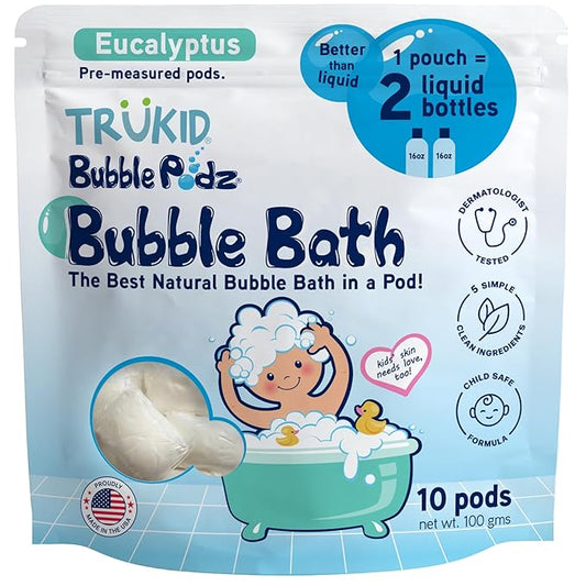 TruKid Bubble Podz Bubble Bath for Kids, Toddlers, & Babies, Tear Free Gentle & Refreshing Bath Bomb for Sensitive Skin with Natural Moisturizers, Non-Toxic, pH Balanced, Eucalyptus Scent (10 Podz) - Bloomnest