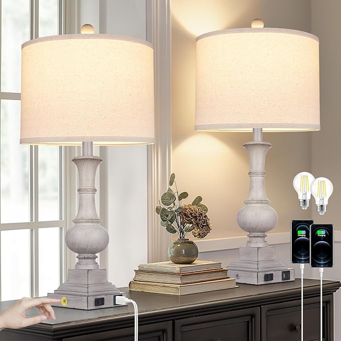 26" Farmhouse Table Lamps Set of 2, Rustic Touch Control Bedside Lamps with 2 USB Ports & AC Outlet, Vintage Resin 3-Way Dimmable Nightstand Lamp Linen Fabric Shade for Living Room Bedroom Decor Gray - Bloomnest