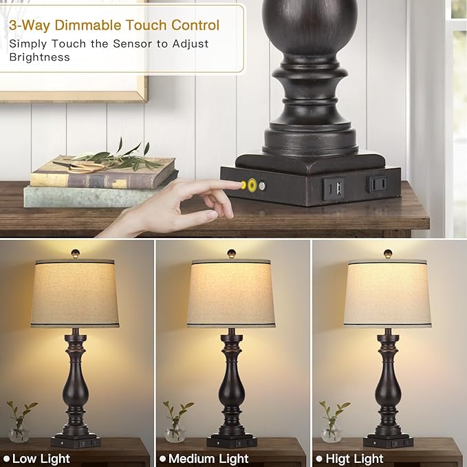 27.5" Farmhouse Table Lamp for Living Room,Vintage Bedside Nightstand Lamp with USB C+A Ports & AC Outlet,3-Way Dimmable Touch Control Retro Black Desk Lamp for Bedroom,Single Black - Bloomnest