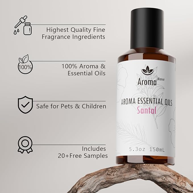 Car Diffuser Oil - Santal Essential Oil Blend - Luxury Hotel Inspired Home Aromatherapy Diffuser Oil - Sandalwood, Violet, Geranium, Cedar - for Diffuser, Humidifier, Reed - 150ML - Bloomnest