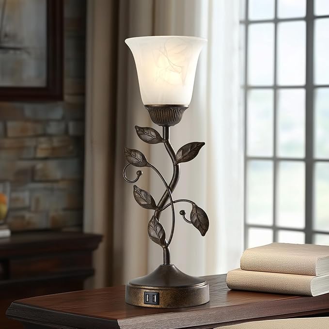 RORIANO Set of 2 Touch Farmhouse Bedroom Table Lamps, Nightstand Vintage Flower Lamps with 2 USB Ports, 3 Way Dimmable Leaf Lamp for Living Room with White Glass Shades, Bulbs Included - Bloomnest