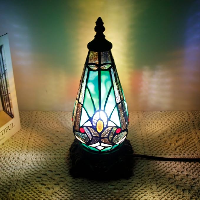 Small Tiffany Lamp Stained Glass Table Lamp 5.5X11 Inch Christmas Tree Lighthouse Mini Accent Memory Sympathy Antique Night Light for Bedroom Living Room (Green Liaison)