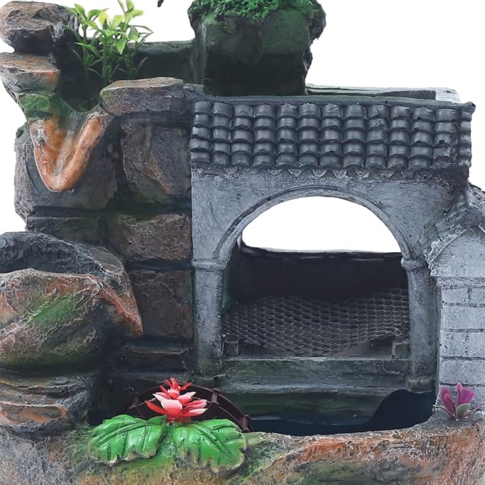 Rockery Tabletop Fountain, Chinese Feng Shui Waterfall Desktop Water Fountain Decor with LED Light, Rockery Tabletop Decoration with Windmills, Plant for Office, Home, Bedroom Desk Decoration