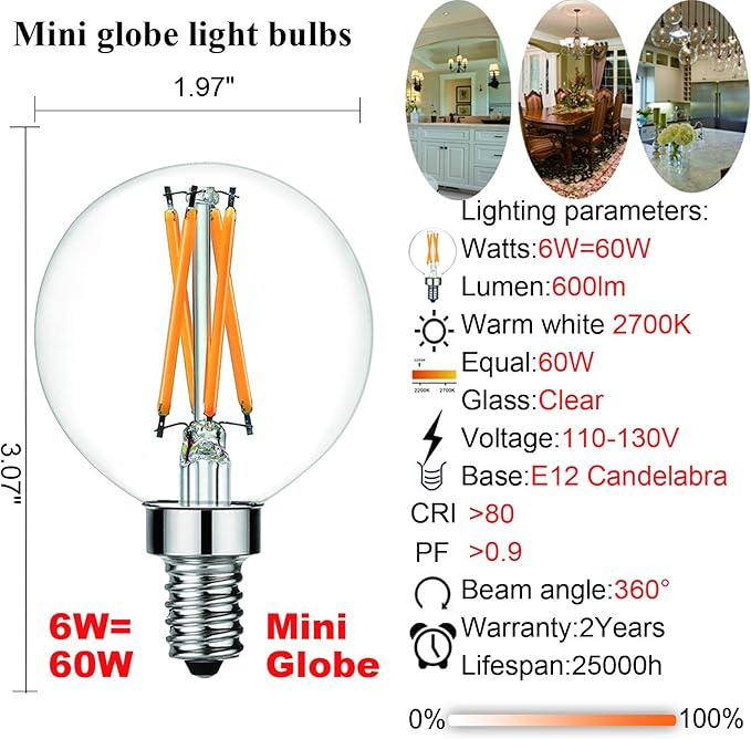 LiteHistory Dimmable G16.5 LED Light Bulb 6W Equal 60W 600lm AC120V Candelabra Bulb 60W for Chandeliers, Ceiling Fan, Vanity Warm White 2700K Globe Light Bulb 6Pack - Bloomnest
