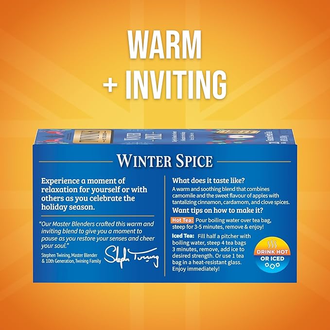 Twinings Winter Spice Herbal Tea Individually Wrapped, 20 Count (Pack of 1), Camomile, Apple, Cinnamon, & Clove, Naturally Caffeine-Free, Enjoy Hot or Iced, 20 Teabags - Bloomnest
