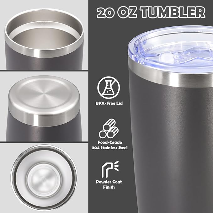 20oz Tumbler Stainless Steel Tumbler Cup with Lid Vacuum Insulated Double Wall Travel Mug, Durable Powder Coated Travel Coffee Tumbler Mug for Hot & Cold Drinks, Grey,1 Pack