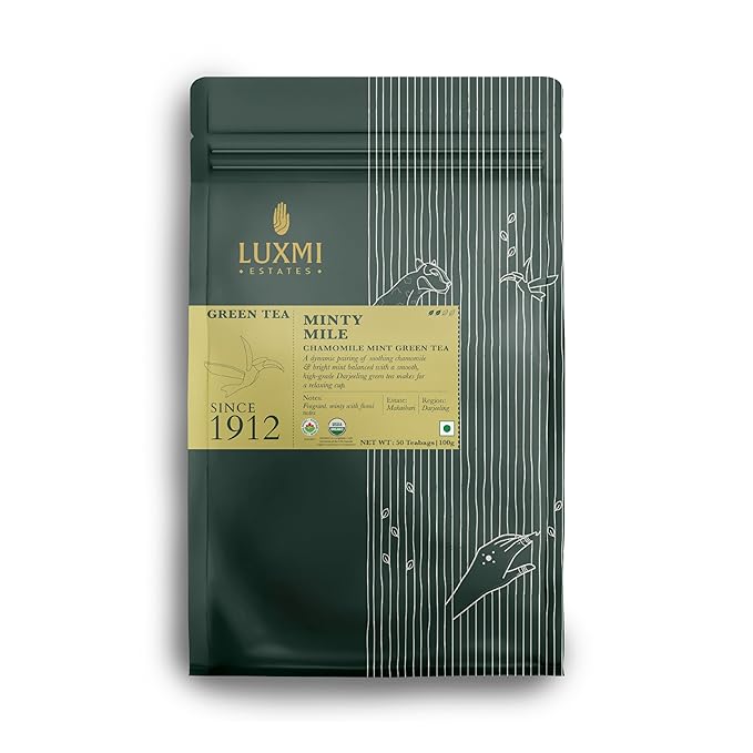 Luxmi Estates Minty Mile Organic Chamomile Mint Green Tea (50 Tea Bags) Low Caffeine Tea Bags For Relaxing, Calming, and Stress Relief, With Certified Organic Darjeeling Makaibari Green Tea - Bloomnest