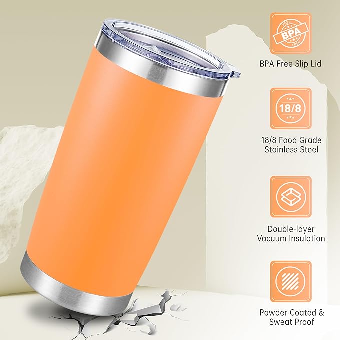 20 oz Tumbler Stainless Steel Tumblers with Lid Double Wall Vacuum Insulated Coffee Mug 20oz Powder Coated Cup for Hot and Cold Drinks, Orange, 1 pack - Bloomnest