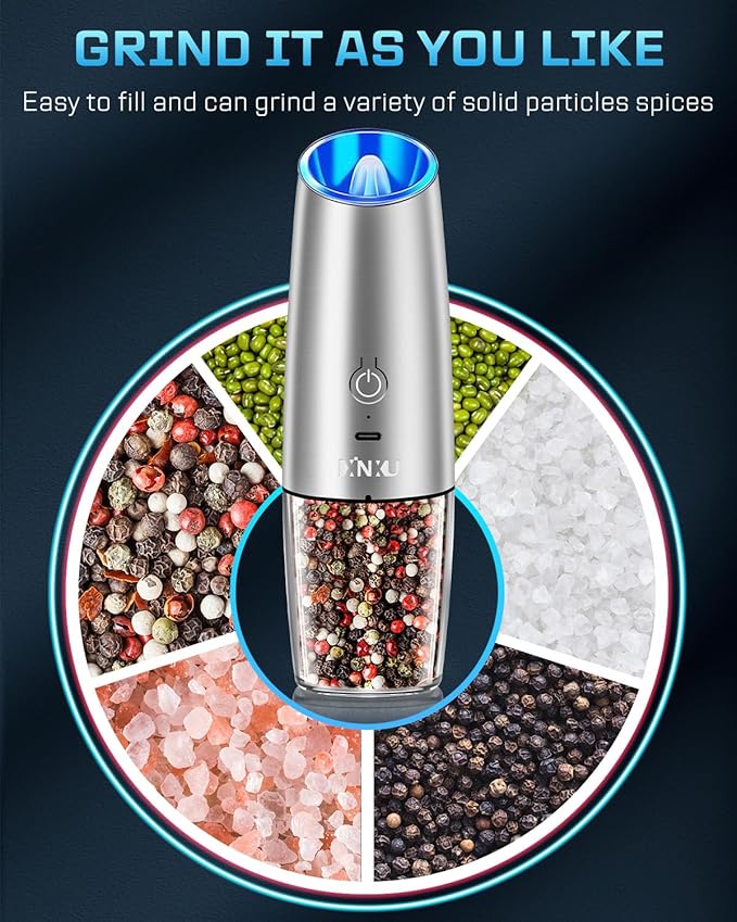 XinXu Gravity Electric Pepper and Salt Grinder Set, Adjustable Coarseness, with LED Light, One Hand Automatic Operation (Rechargeable Set/Silver X) - Bloomnest