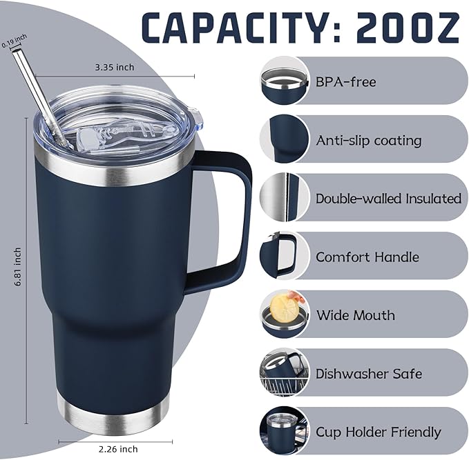 20 oz Tumbler with Handle Stainless Steel Insulated Coffee Mug Tumbler with Lid and Straw Double Wall Vacuum Insulated Coffee Mug Leak Proof Travel Mug Tumbler for Hot and Cold Drink (Navy Blue,4pack)