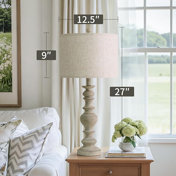 BOBOMOMO 27" Antique Gray Table Lamps Set of 2, Large Farmhouse Resin Lamps with Linen Shades, Vintage Gray Lamps for Living Room, Bedroom, or Console Table Rustic Traditional Décor - Bloomnest