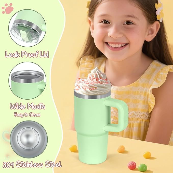 Cosictic 14 Oz Flip Straw Tumbler with Handle for Kids, Stainless Steel Double Wall Insulated Cup for Children with Flip Top Lid, 14 Oz Leak-proof Cups for Kids, Sky Blue and Green - Bloomnest